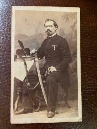 Antique Cdv Photo 1800s Soldier In Uniform With Sword & Field Glasses Binoculars