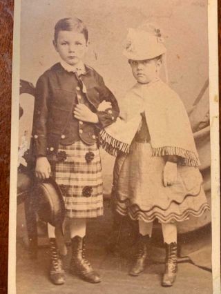 Antique Cdv Photo Victorian 2 Children Boy Wearing Kilt Black Boston