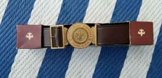 Vtg Official Boy Scouts 30 " Leather Belt 2 Piece Brass Buckle Nib W/ Box Nos
