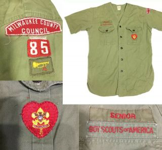 Vintage Boy Scout Uniform Green Collarless Short Sleeve Shirt With Patches
