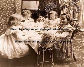 Old Antique Vintage Cute Adorable Little Girls Children Dolls Tea Party Photo