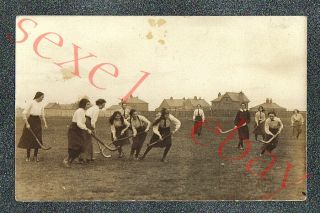 Girls Playing Field Hockey - Circa 1920 Rppc Photo Grade 4