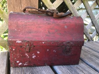 Antique Leather Strap Red Metal Lunchbox Primitive Farmhouse