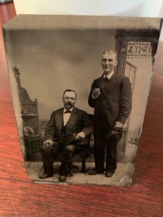 Antique Tintype Photo 1800s 2 Men Holding Cigars Smokers