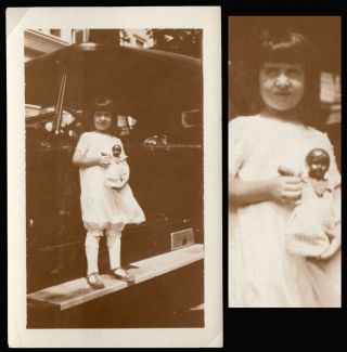 Girl W Tiny Black Baby Doll On Car Running Board 1920s Vintage Photo