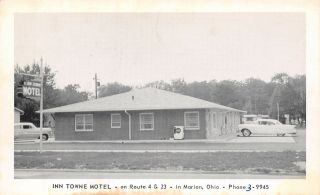 Marion Ohio Coca - Cola Chest Pop Machine Inn Towne Motel 1950s Car Postcard B&w