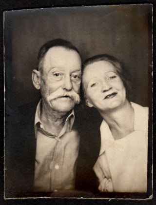 Gigantic White Mustache Old Man & Loving Woman 1930s Photobooth Photo