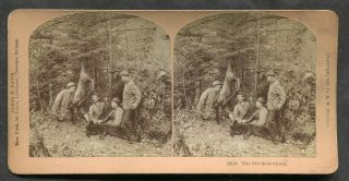 S28 - Kilburn Stereoview Photo 1898 Bear & Deer Hunting Camp.  Shotguns