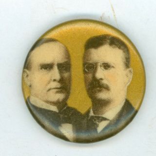 Vtg 1900 President William Mckinley Roosevelt Jugate Campaign Pinback Button Gld