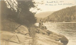 1912 Real Photo Postcard; Couple On Shore Of Crossett Pond Ny Washington County