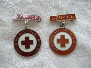 2 Vtg Canadian Red Cross Society Service Pins – Sterling Silver And Enamel