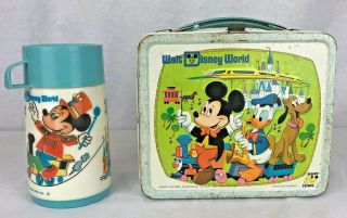 Vintage Aladdin Walt Disney World 50th Anniv.  Metal Lunch Box,  Thermos 1976