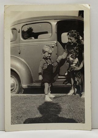 1930s/40s Boy Meeting Sammy The Pup Photo Opal & Michael Snapshot Photograph G2