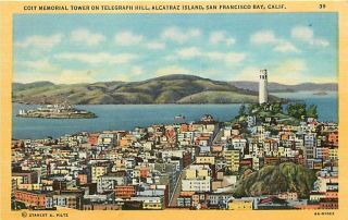 California San Francisco Bay Alcatraz Island & Coit Tower Linen Postcard 1936 Ca