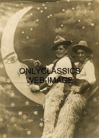 1915 Cowboys In A Paper Moon With Guns Studio Photo Wool Chaps Vintage Americana