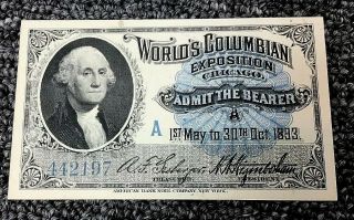 Vintage Washington 1893 Columbian Exposition Admit Ticket Chicago World 