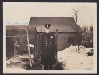 Police Officer Uniform Overcoat Hat Winter Snow Old/vintage Photo Snapshot - M411