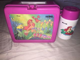 Vintage 1990s Disney The Little Mermaid Lunch Box With Matching Thermos.  Pink.