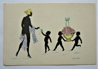 A/s Grosze Little Cherubs Bring Gift To Silhouette Nude Lady Art Deco Postcard