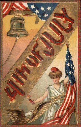 4th Fourth Of July Lady Liberty Gold Winged Eagle C1910 Postcard