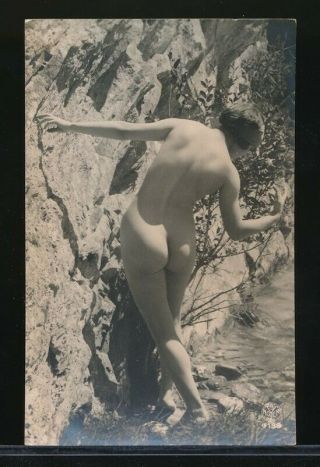 1920s French Nude Real Photo Postcard Shapely Rear View By A Creek Vv