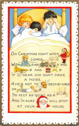 Christmas Art Deco Children In Bed Peek Thru Fingers Picture Story Whitney Made