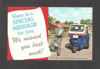 Postcard: Mailman & 1950s Usps Westcoaster Mailster 3 - Wheeled Delivery Vehicle