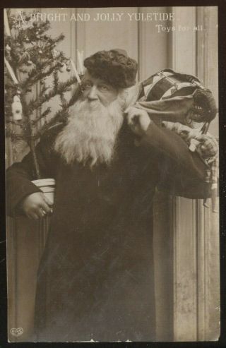 Old Rppc,  European Santa Claus Holding A Feather Tree And Toy Bag On His Back