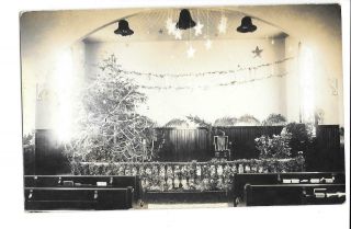 Rppc Real Photo Postcard Interior Church Pews Christmas Tree Bells Stars Stage