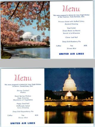 2 Menu Postcards United Airlines Washington D.  C.  Capitol,  Jefferson Memorial