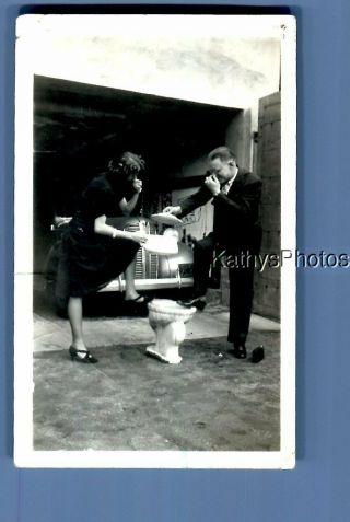 Found Vintage Photo C,  1750 Man And Woman In Dress Posed By Car In Garage