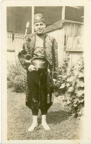 Vintage Snapshot Photo - Man In Costume With Saxophone - Hat Says - Almas Band