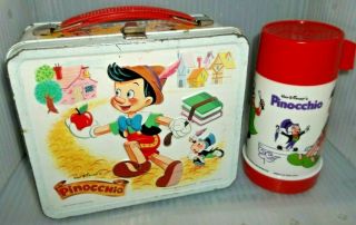 Rare 1971 Pinocchio Metal Lunch Box & Glass Thermos Walt Disney Movie Lunchbox