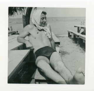 Vintage Snapshot Photo - Man In Tight Swimsuit In The With A Towel On His Head