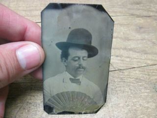 Antique Tintype Man In Hat With Fan Interesting Image Eyes Down Oddity Image ???