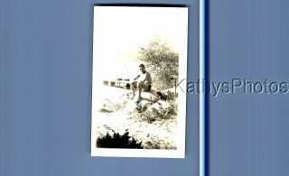 Found Vintage Photo D_6521 Shirtless Man In Swimsuit Posed Sitting On Rock