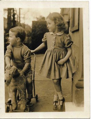 2 Vtg Antique Photos Girl Pushing Boy On Steiff ? Pull Dog Toy