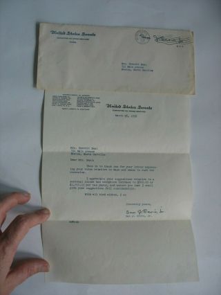 1958 Dated Letter & Envelope From Senator Sam J Ervin Jr North Carolina 1954 - 74