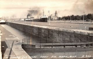 Sault Ste Marie Mi Soo Locks Great Lakes Build Freighter Je Upson 1930s Rppc