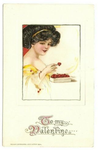 To My Valentine Woman Dark Hair Box Of Hearts John Winsch Postcard