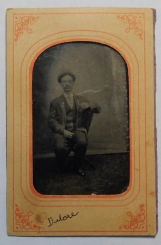 Antique Tintype Well Dressed Man Hat One Eye Patch Sitting Watch Fob