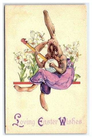 Vintage Postcard Easter Bunny Rabbit Playing Banjo Lilies M1