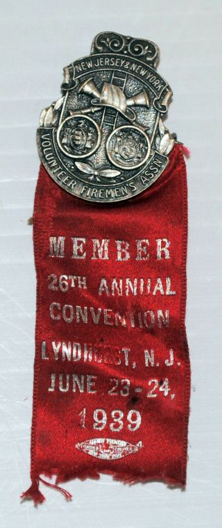 Vintage Nj Ny Volunteer Firemen Association Firefighter Pin Medal 1939 Neat