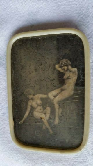 Antique Erotic Adult Image Of 2 Nude Ladies In Bakelite Frame - By D.  R.  G.  M.