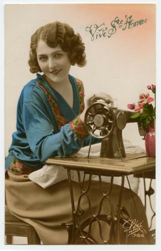 C 1920 French Glamour Lovely Woman Pretty Lady Sewing Machine Photo Postcard