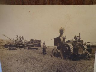 Antique Cabinet Photo Farm Scene Steam Engine Tractor Farmer & Workers