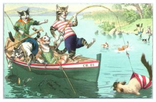 Dressed Cats Go Fishing Mainzer Postcard