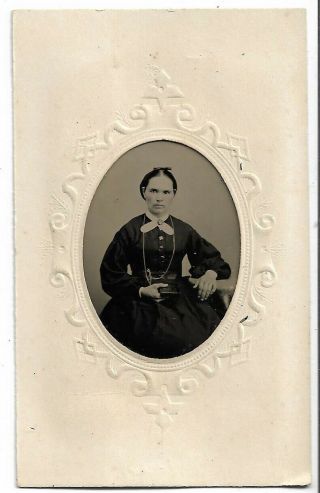Tintype Photograph Woman Wearing Large Chain Holding an Unidentified Frame 2