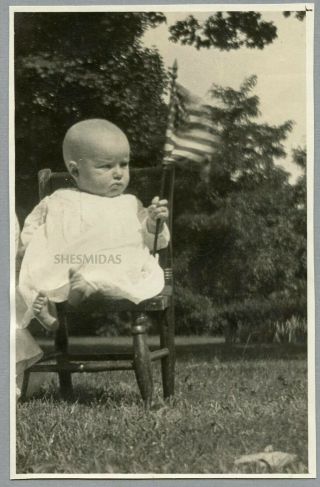 629 Patriotic Baby Waves An American Flag,  Vintage Photo
