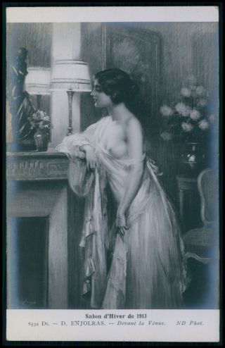 Art Enjolras Nude Woman & Venus Statue 1910s Salon De Paris Postcard